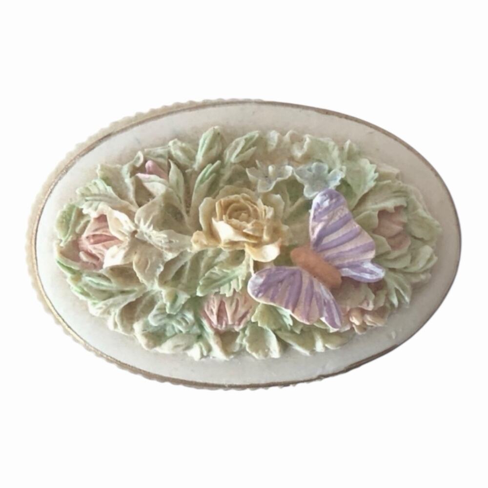 Vintage Butterfly Floral Antiqued Oval Resin Trinket Ring Box with Brooch Lid